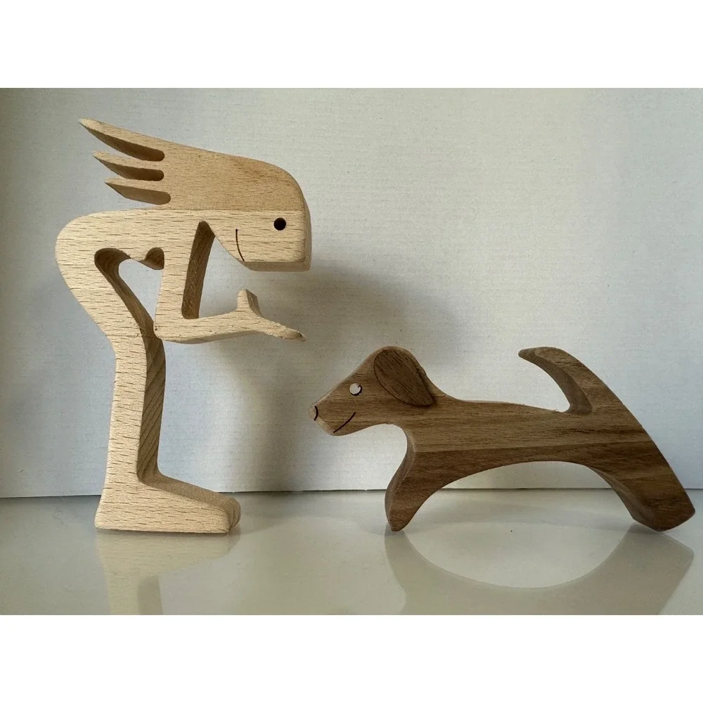 Woman & Dog Carved Wood Figurine Statue Best Friend Pet Dog Mom